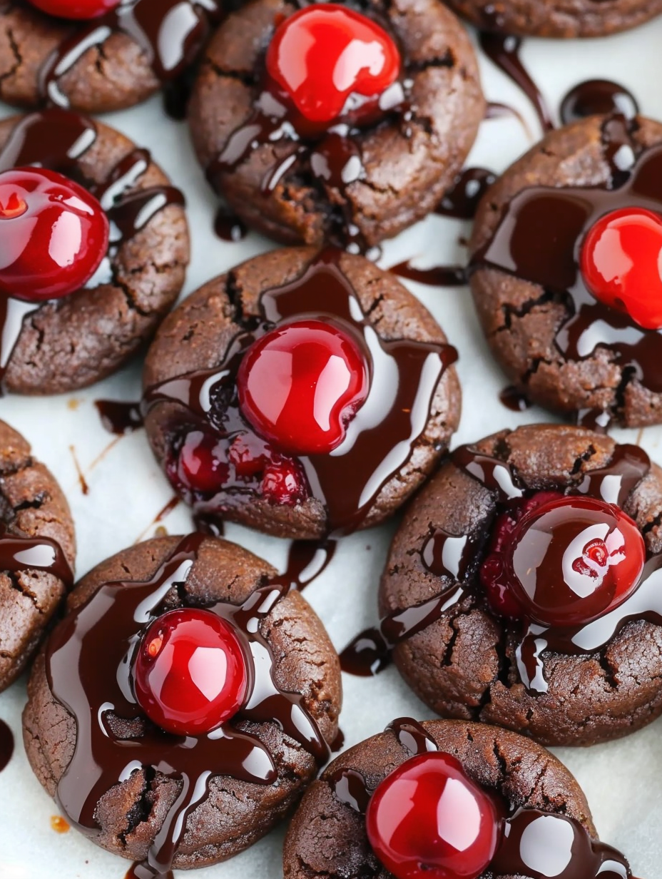 Chocolate Cherry Thumbprint Cookies on a cooling rack