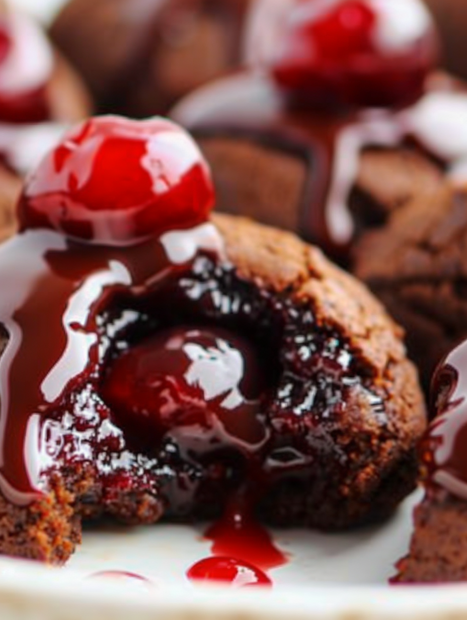 Close up of cherry filled thumbprint cookie