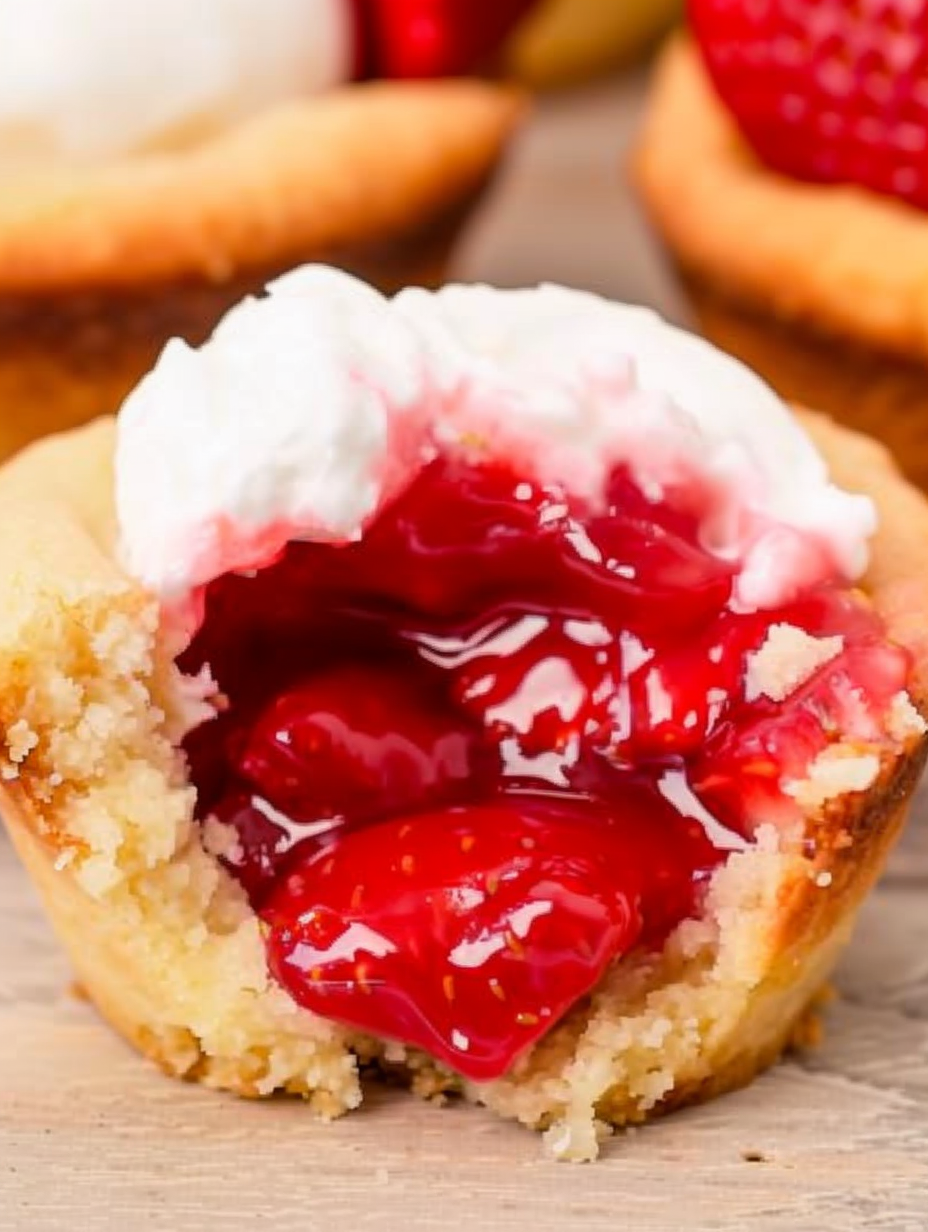 Fresh strawberry pie cookie cups on a cooling rack