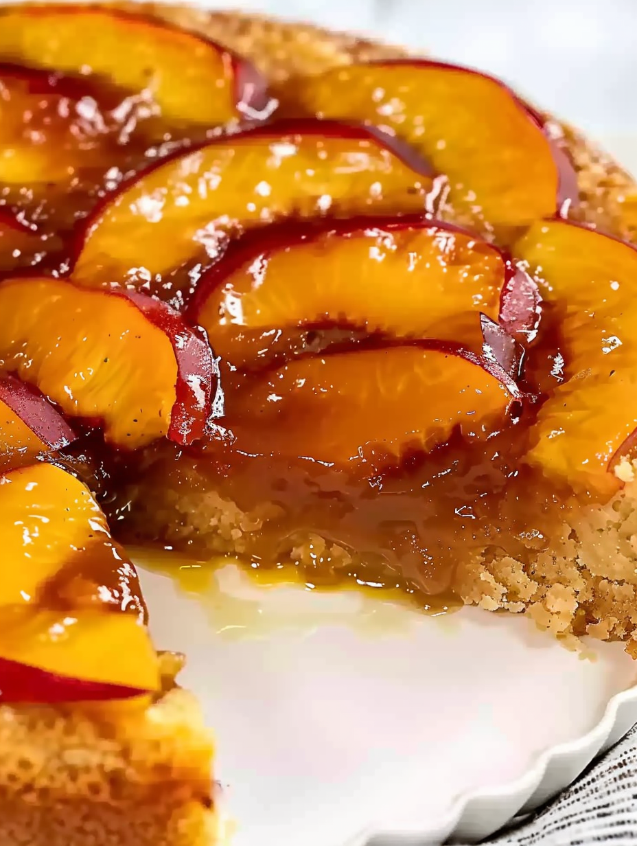 Caramelized peach slices arranged in pan