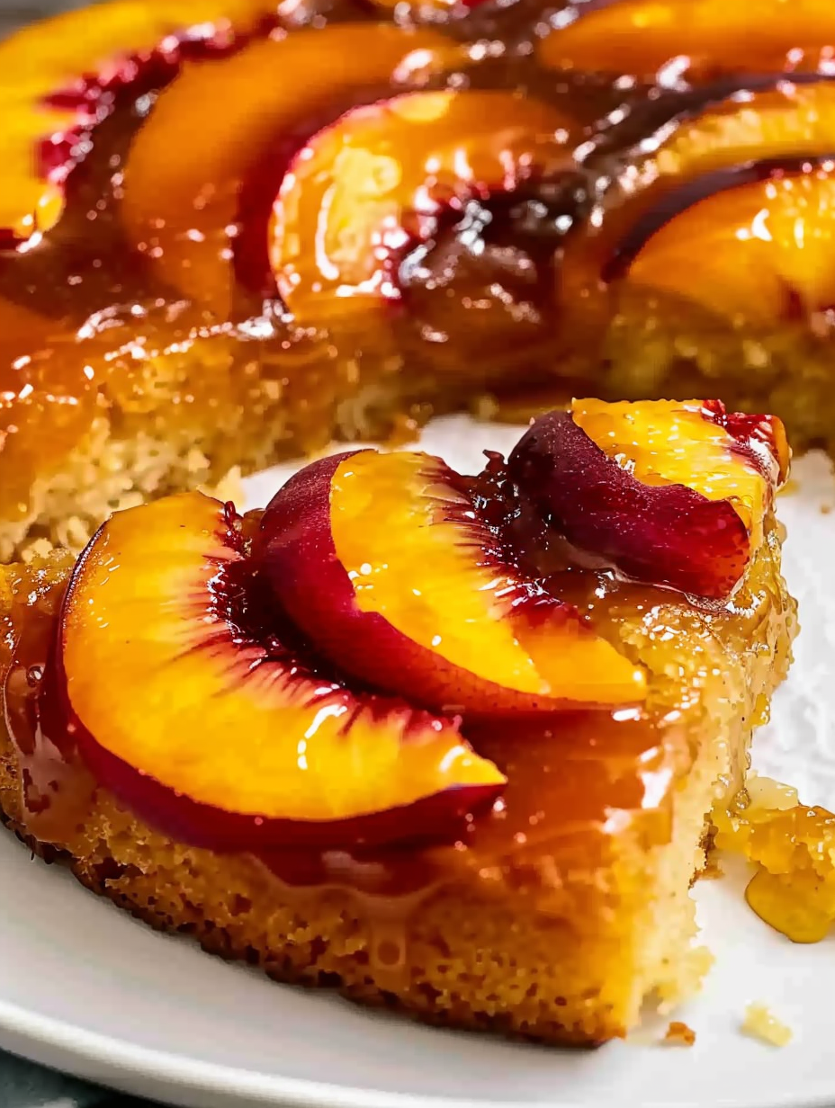 Slice of upside-down peach cake on a plate