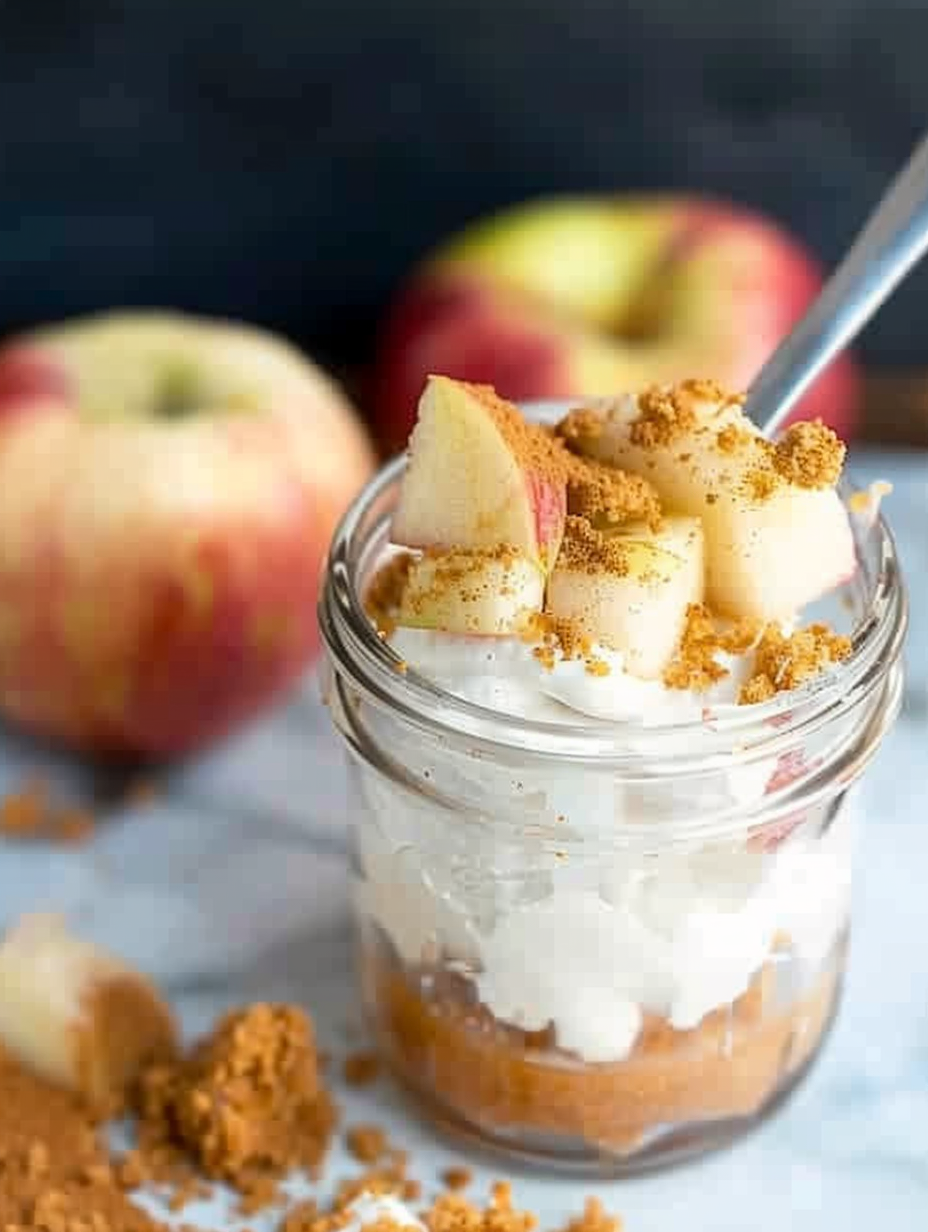 Close-up of apple topping and creamy filling in jar