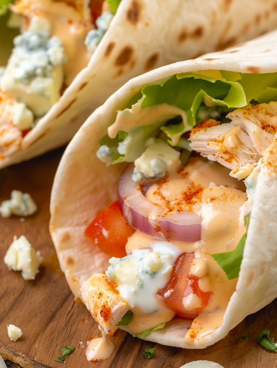 Finished buffalo chicken wraps plated with bleu cheese dressing