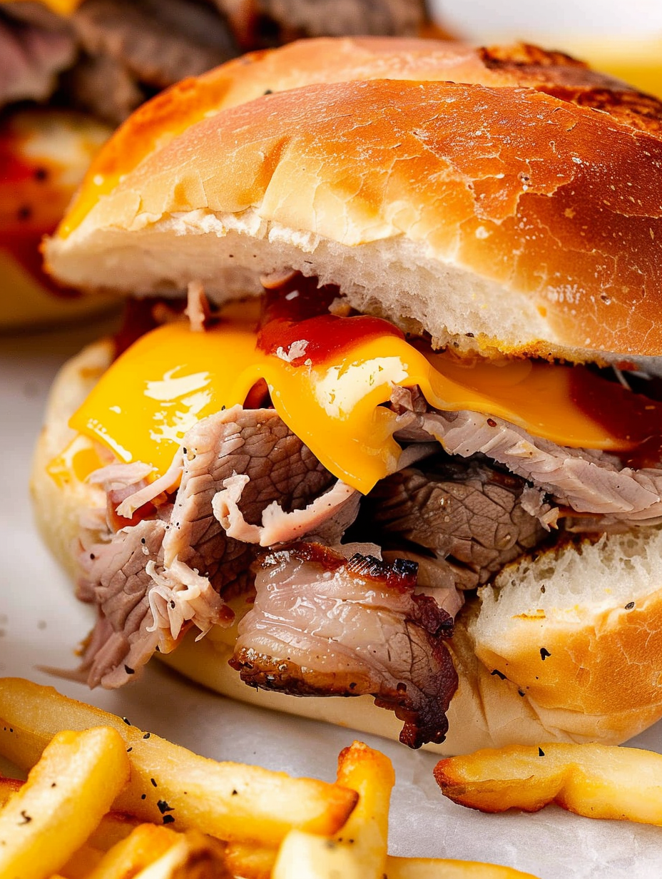 Close-up of cheese sauce being poured over roast beef