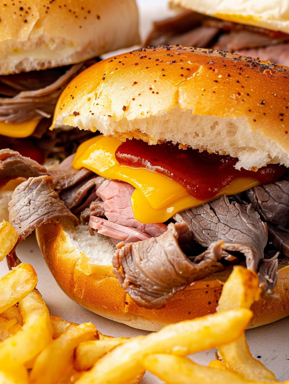 Stack of assembled Beef N' Cheddar sandwiches on a plate