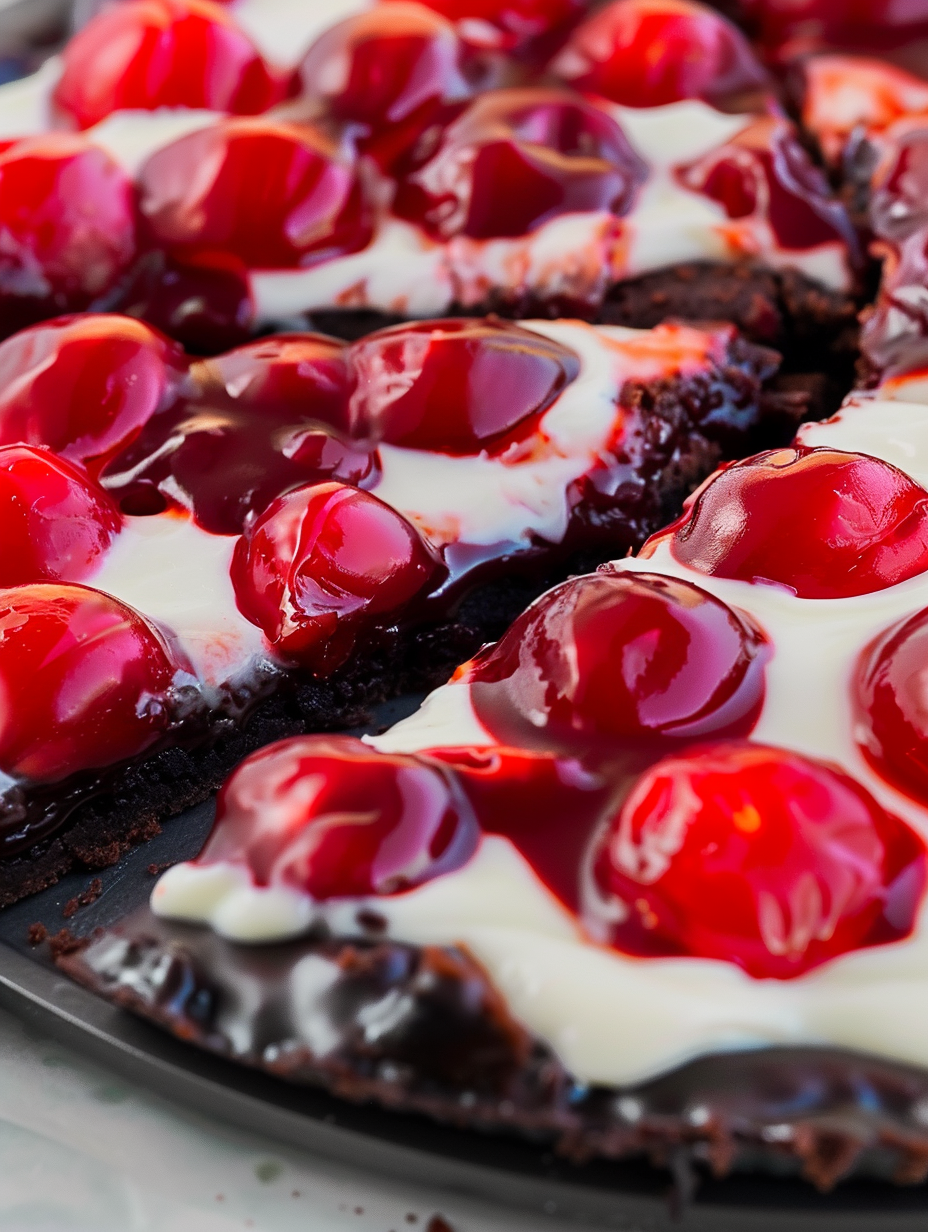 Brownie dessert pizza with cherry topping