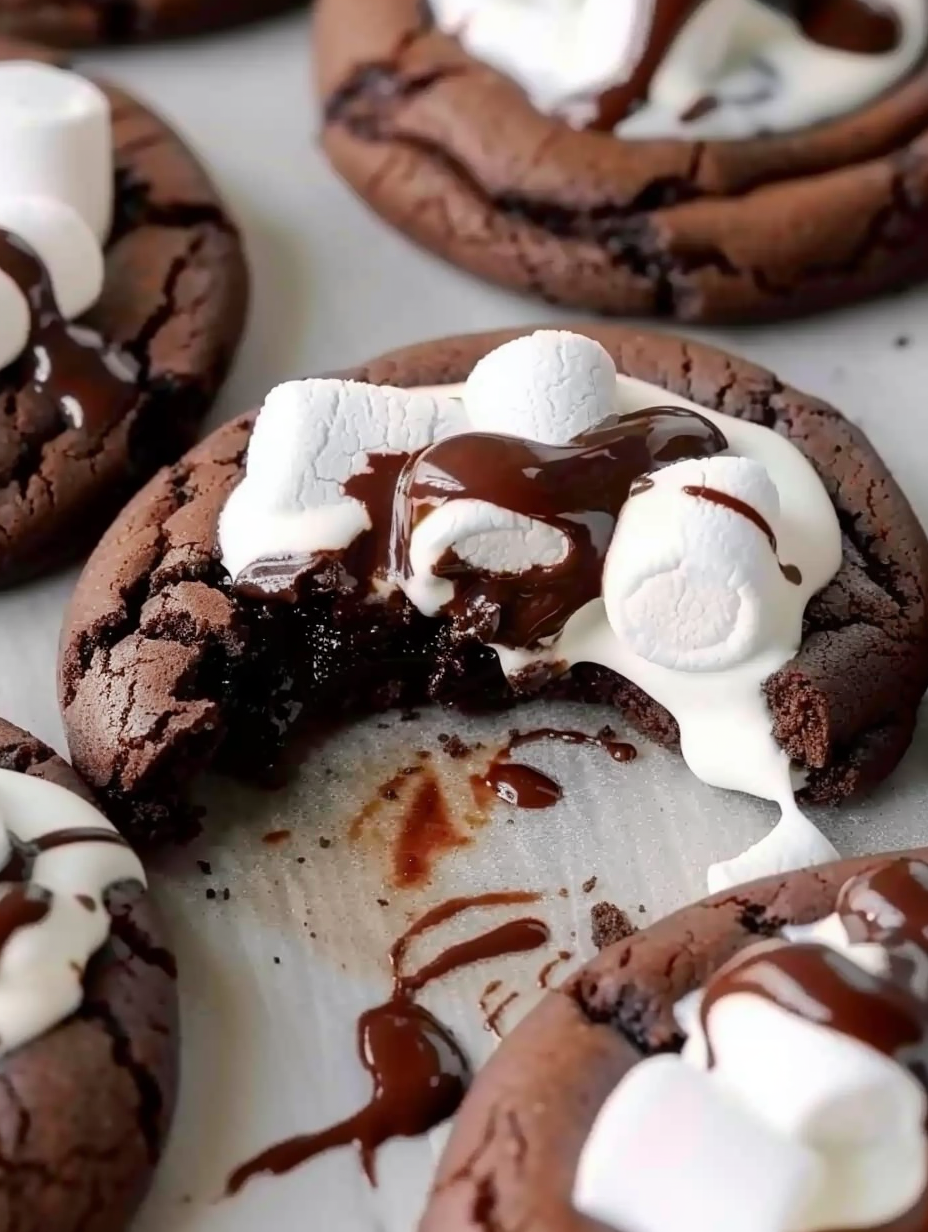 Double chocolate marshmallow cookies on a baking sheet with melted chocolate