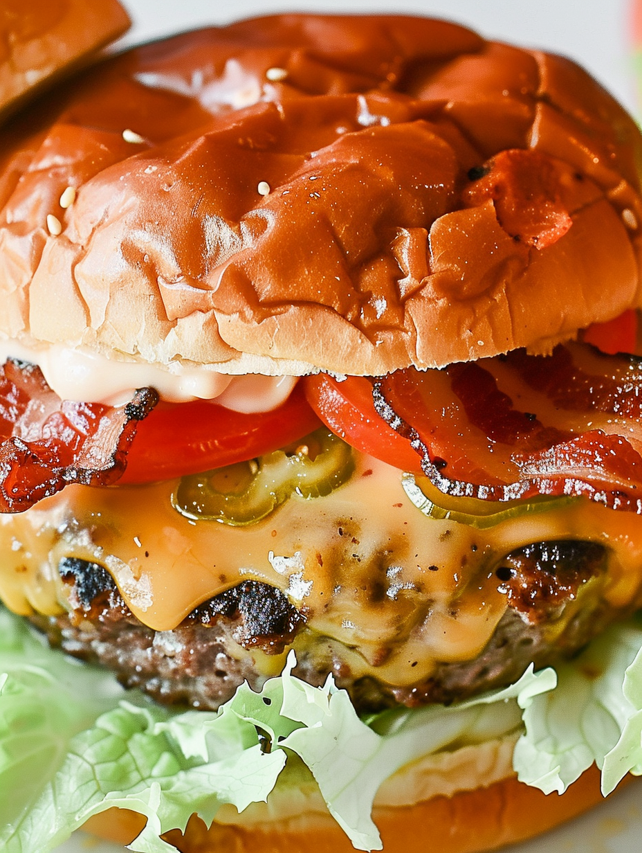 Finished bacon cheeseburger plated with sides