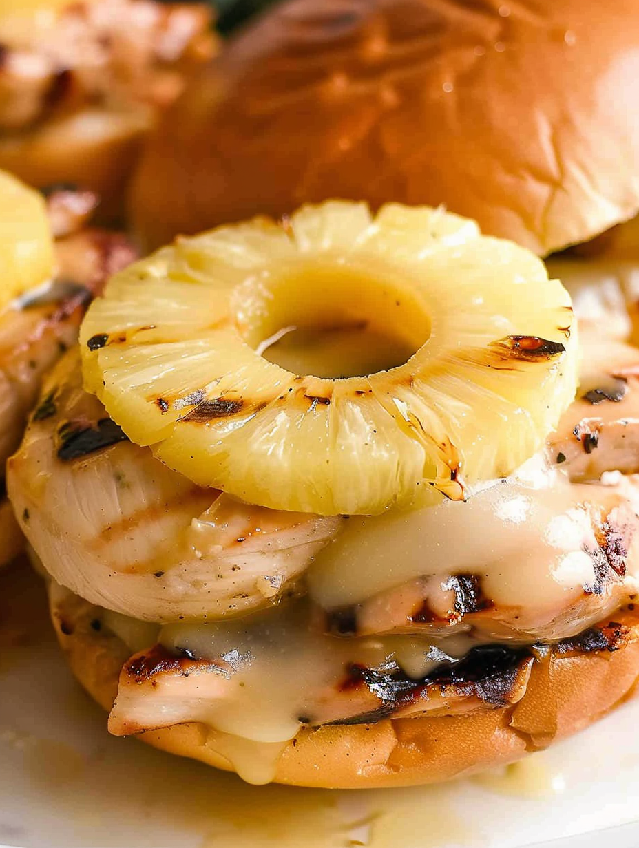 Assembled sandwich with pineapple and melted cheese