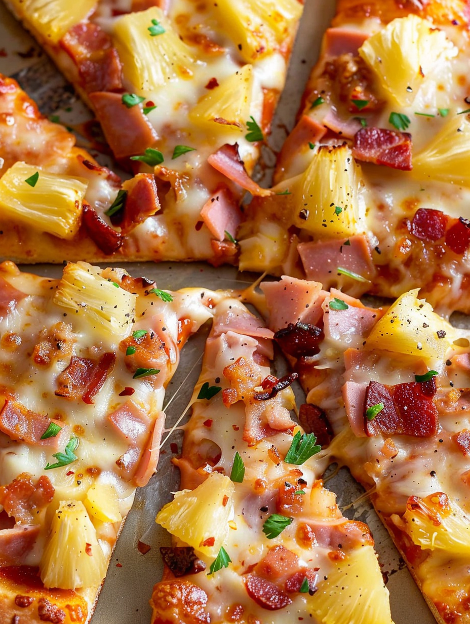 Hawaiian pizza on a stone with slices