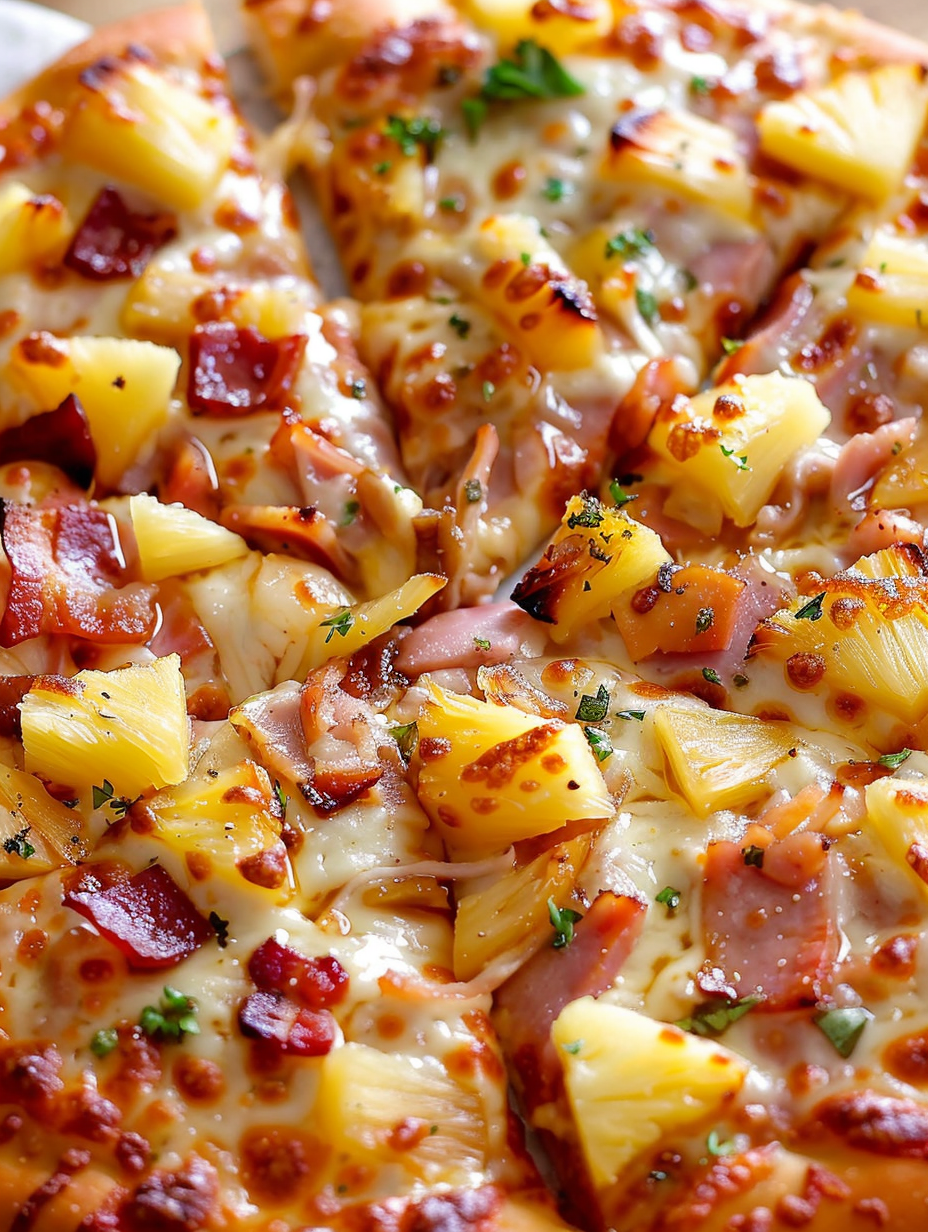 Close up of pizza slice with pineapple and bacon