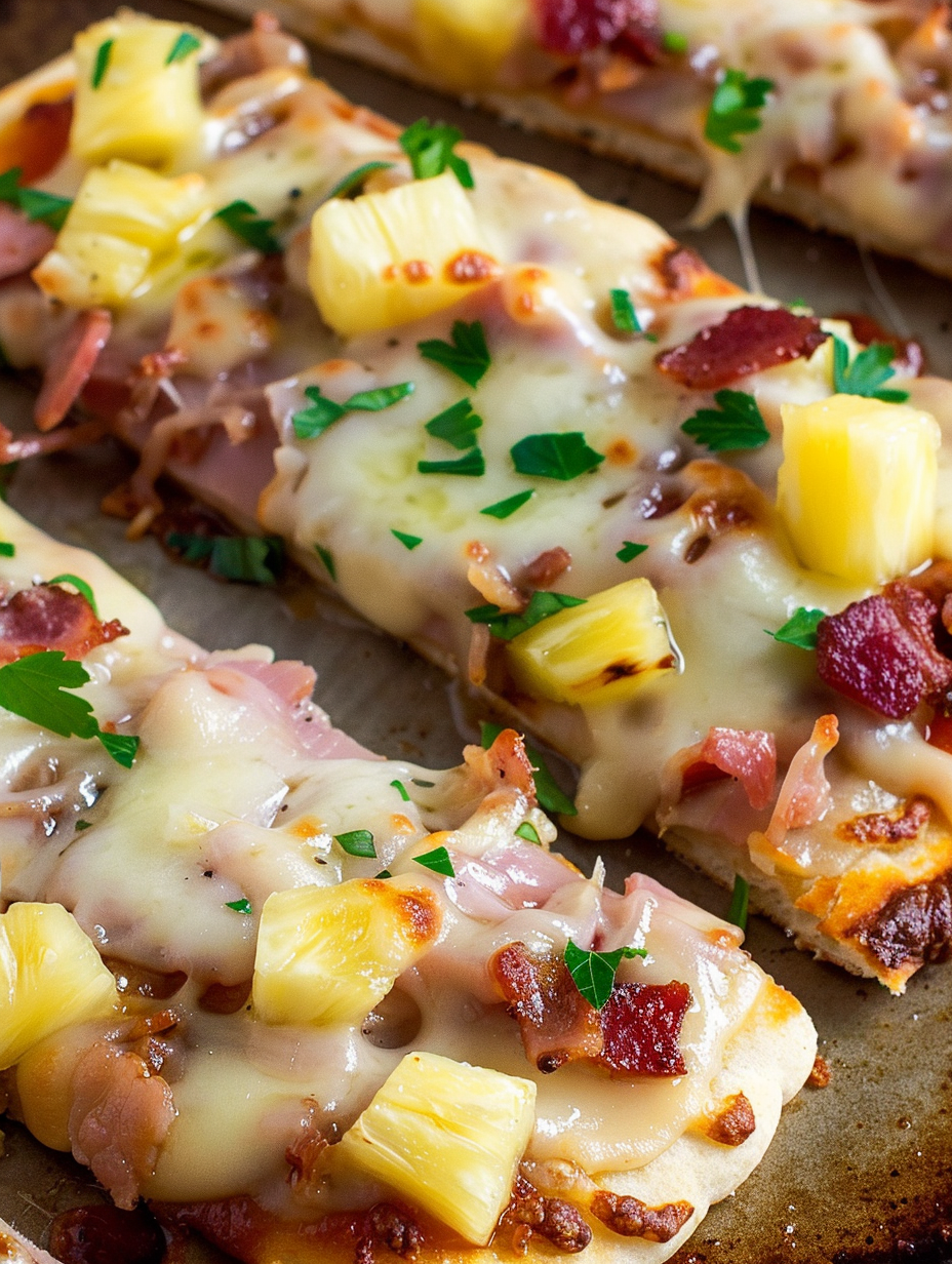 BBQ Hawaiian flatbread pizza fresh from oven