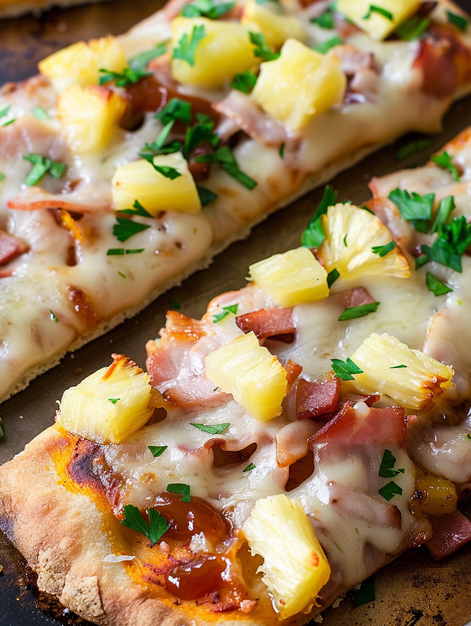 Close-up of toppings on BBQ Hawaiian flatbread