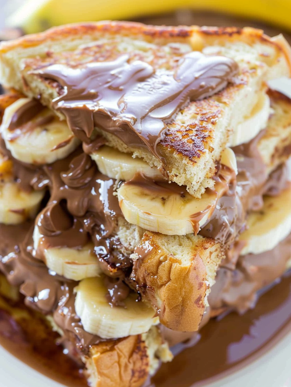 Close-up of the stuffed french toast oozing chocolate peanut butter
