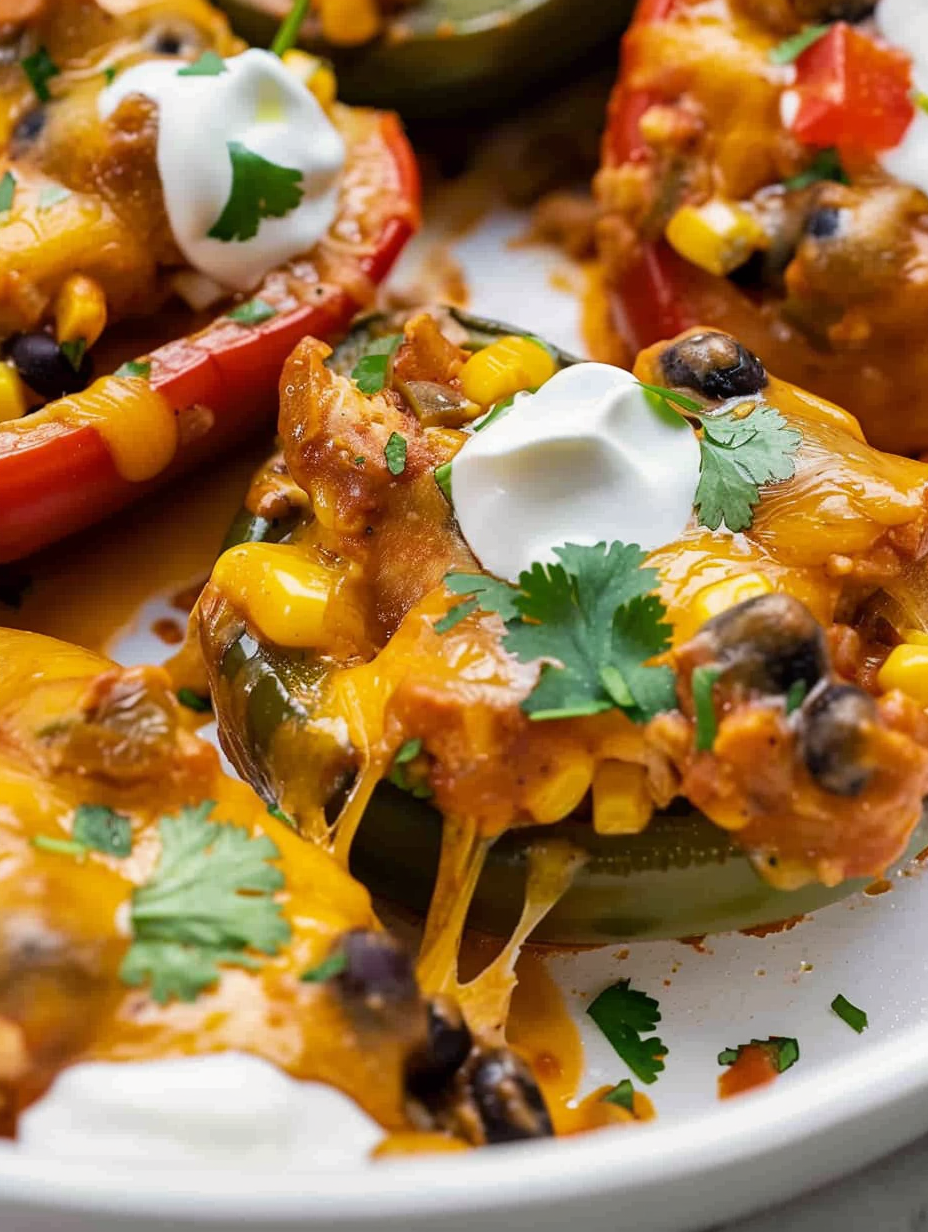 Two Southwest Anaheim stuffed peppers on a plate with cilantro garnish