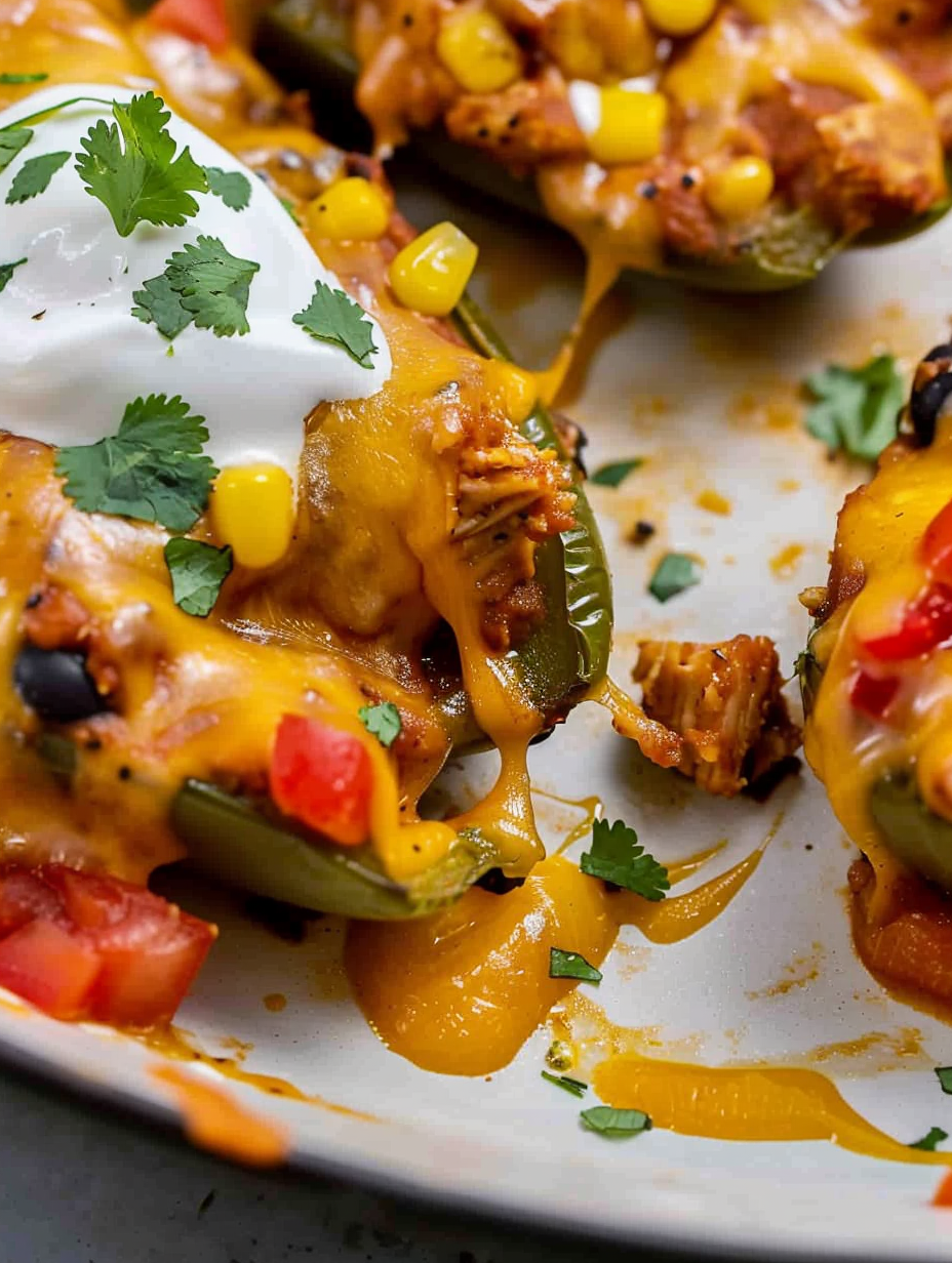 Close-up of melty cheddar on stuffed Anaheim pepper