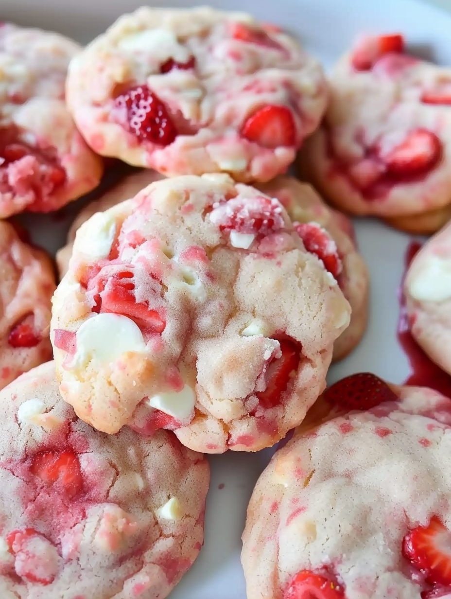 Tray of strawberry shortcake cookies with white chocolate chips