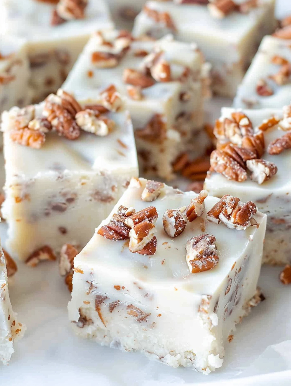 Close-up of a candied pecan atop white chocolate fudge