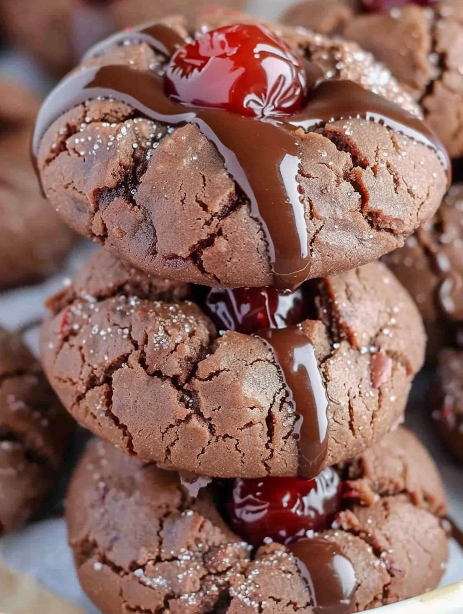 Tray of cherry chocolate cookies on parchment