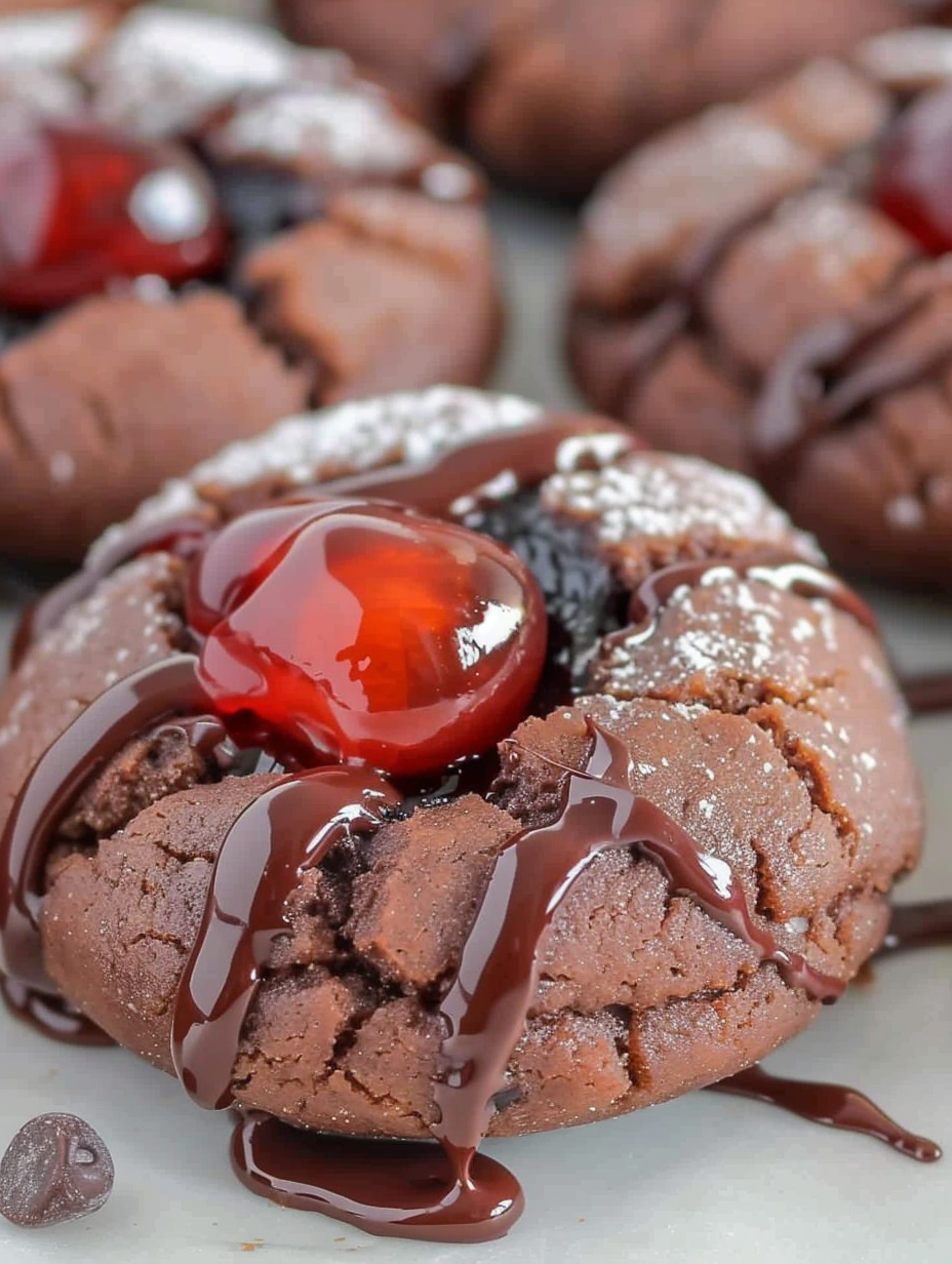 Close-up of chocolate drizzle over cherry-filled cookies