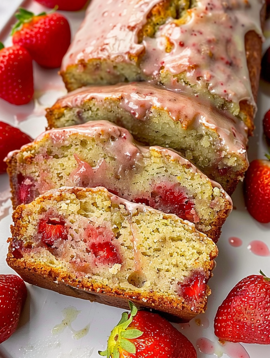 Sliced strawberry banana bread with crumbs