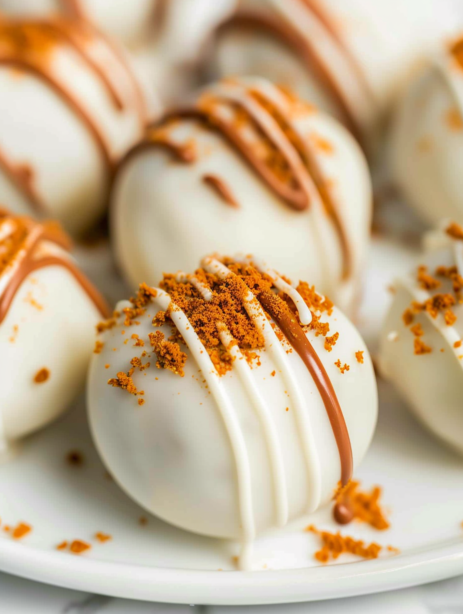 Biscoff truffles on parchment with a drizzle of cookie butter