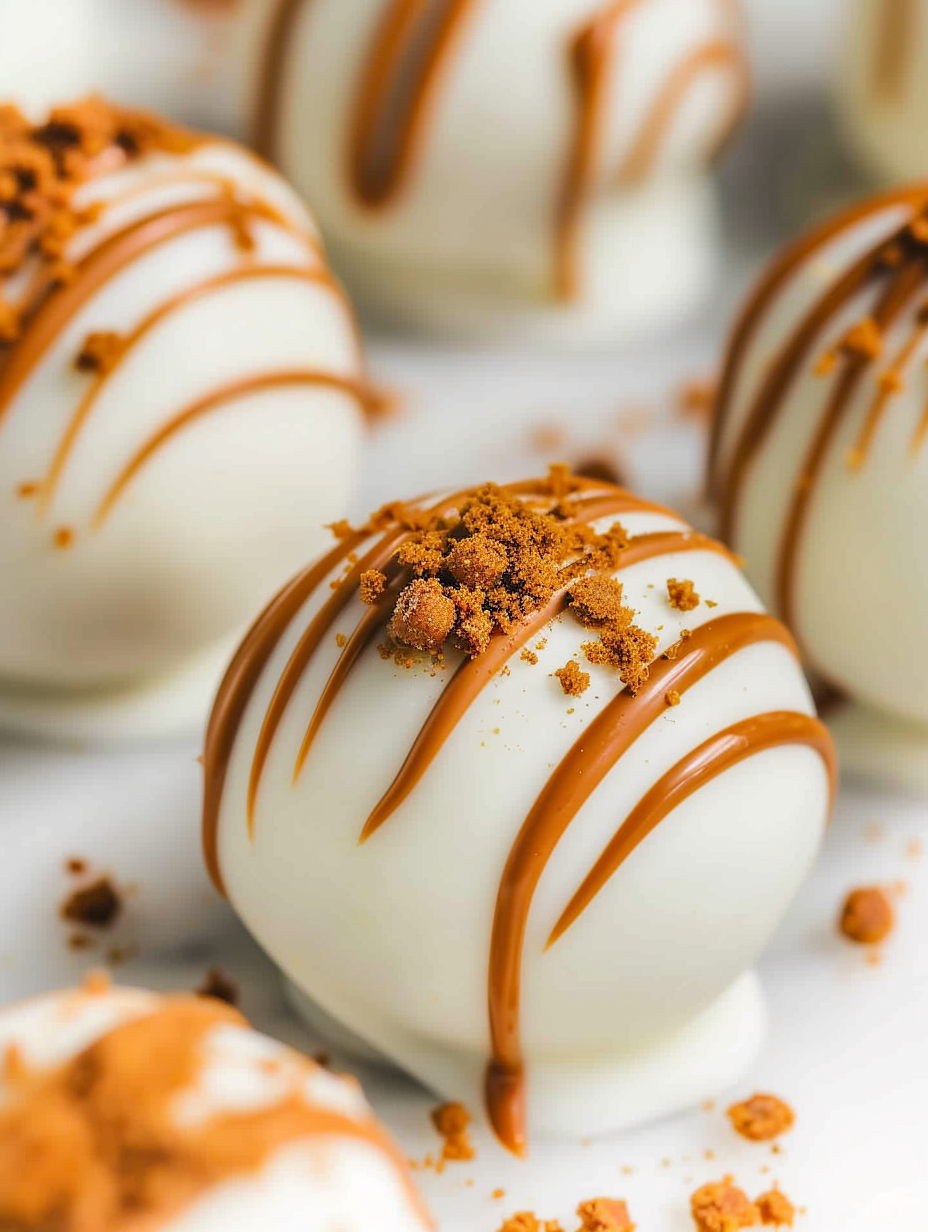 Close-up of a halved Biscoff truffle showing the creamy center