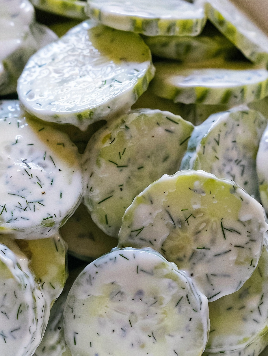 Thinly sliced cucumbers in a bowl with creamy dressing