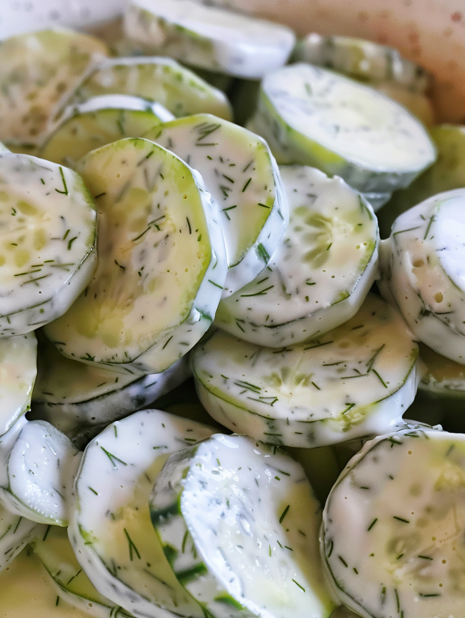 Creamy cucumber salad served in a bowl with dill garnish