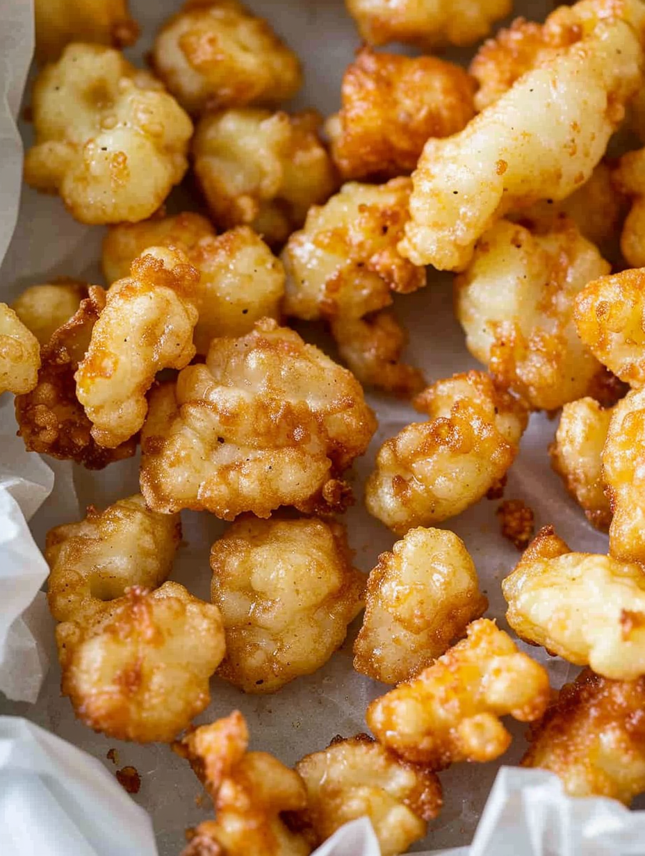 Golden fried cheese curds on a wire rack