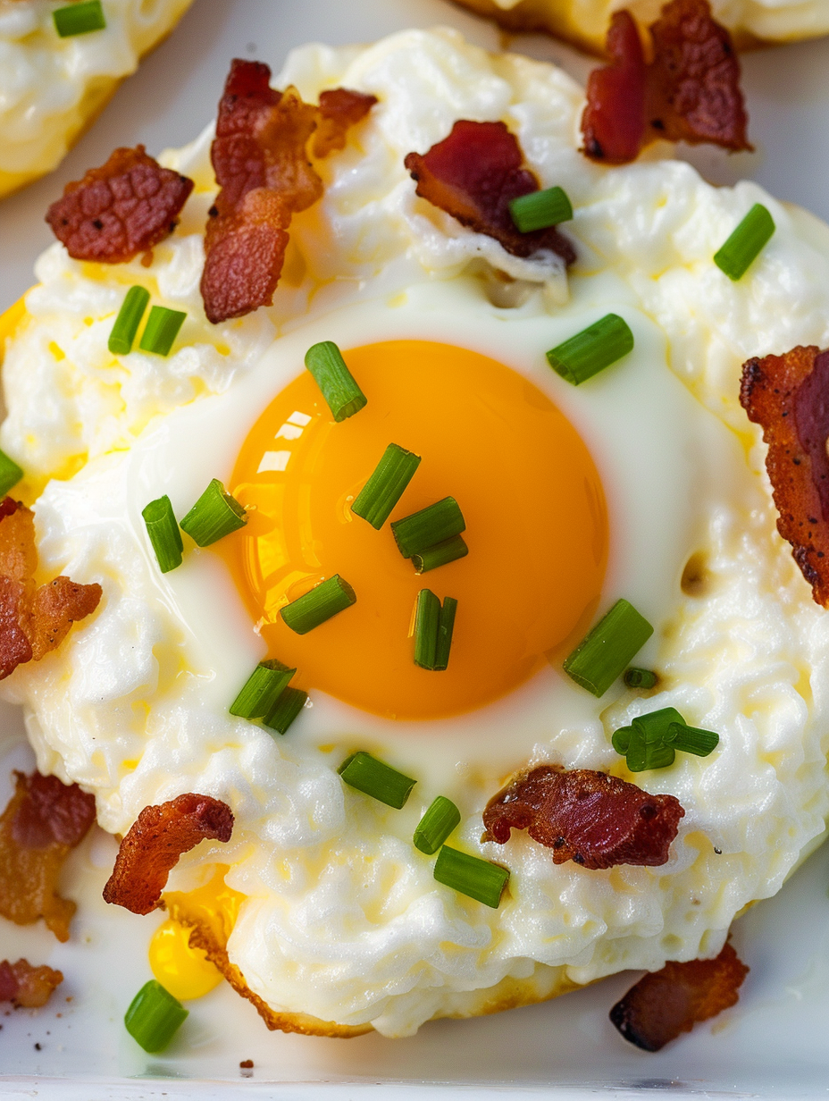 Cheesy Cloud Eggs with Crispy Bacon & Scallions
