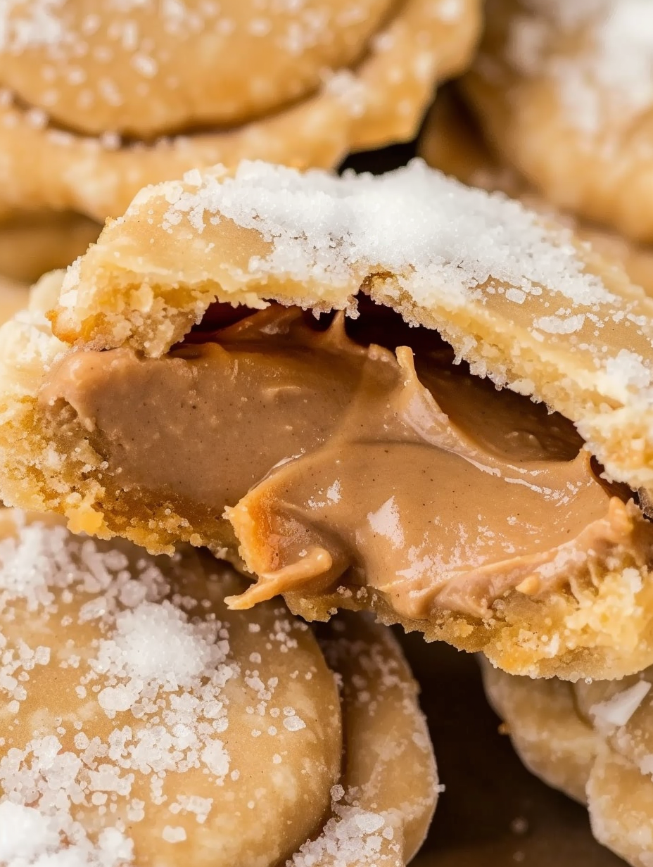 Close-up of a cookie being split to show molten peanut butter