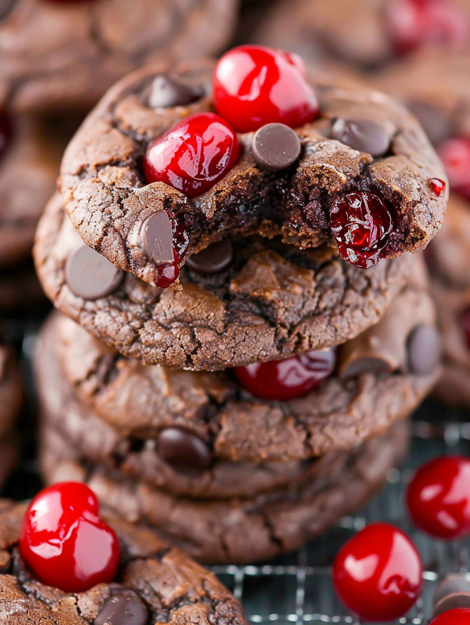 Close-up of Black Forest Cookies with chocolate chips and cherries