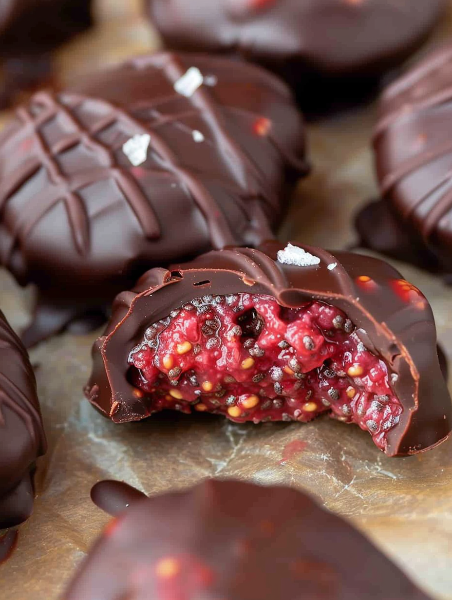 Close-up of chocolate-coated jam bite