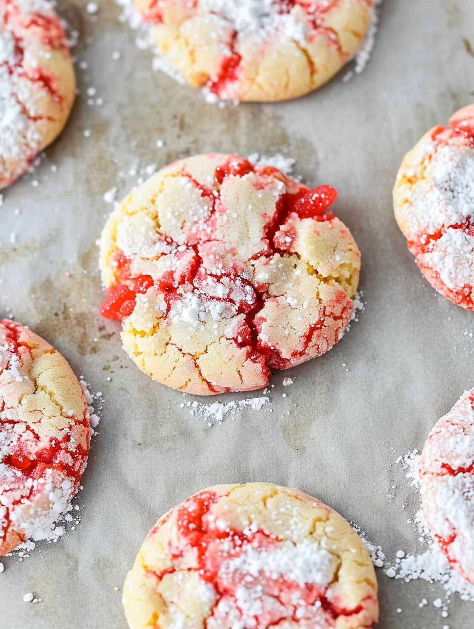 Close up of a cracked Red Hot cookie rolled in powdered sugar