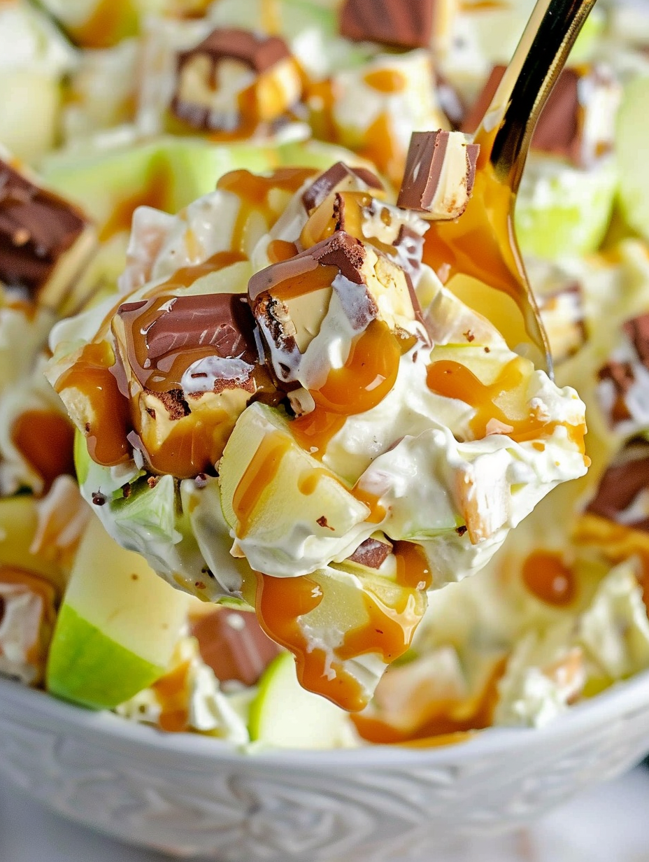 Snickers Apple Salad in bowl with caramel drizzle