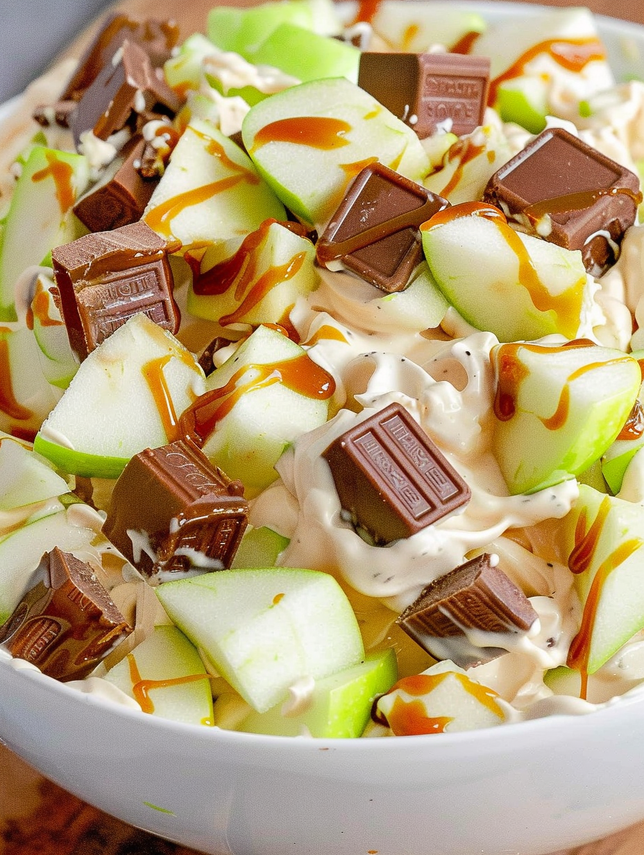 Close-up of chopped Snickers and apple pieces folded into creamy pudding