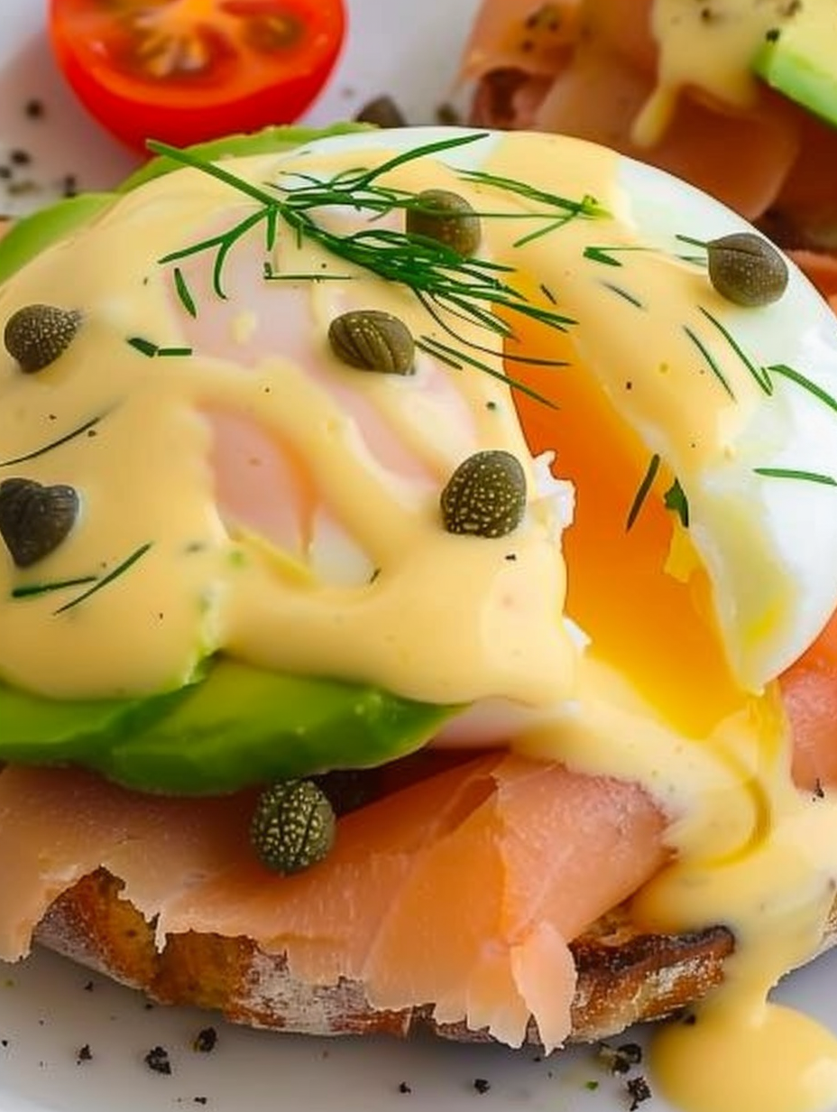 Close-up of eggs benedict with avocado and smoked salmon