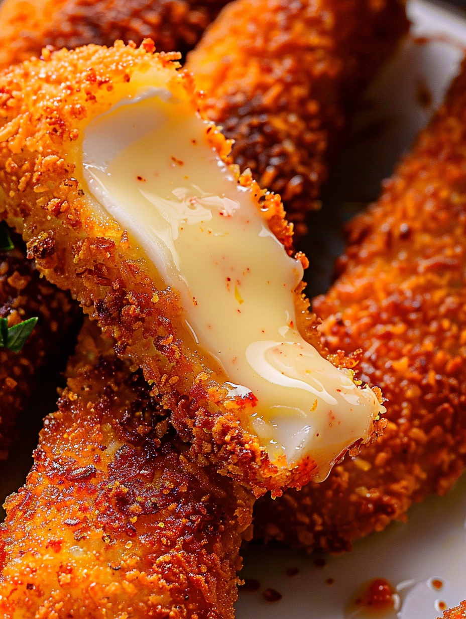 Nashville hot mozzarella sticks frying to golden brown