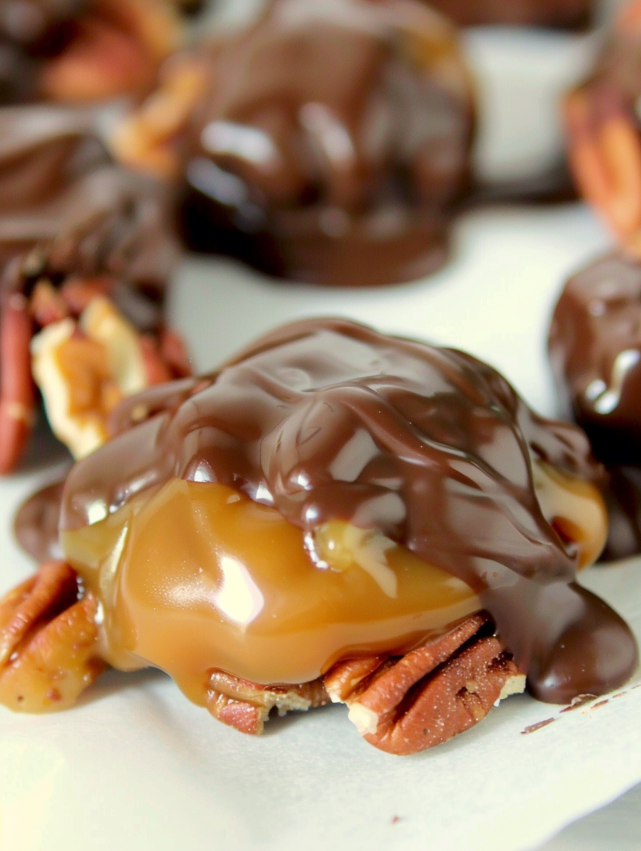 Toasted pecans and caramel being assembled into clusters