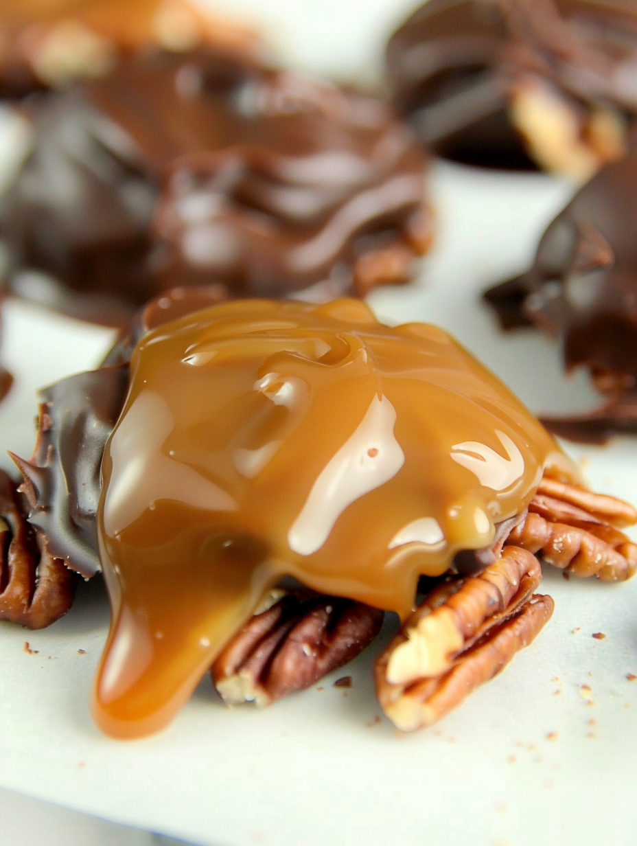 Rows of chocolate pecan clusters cooling on parchment