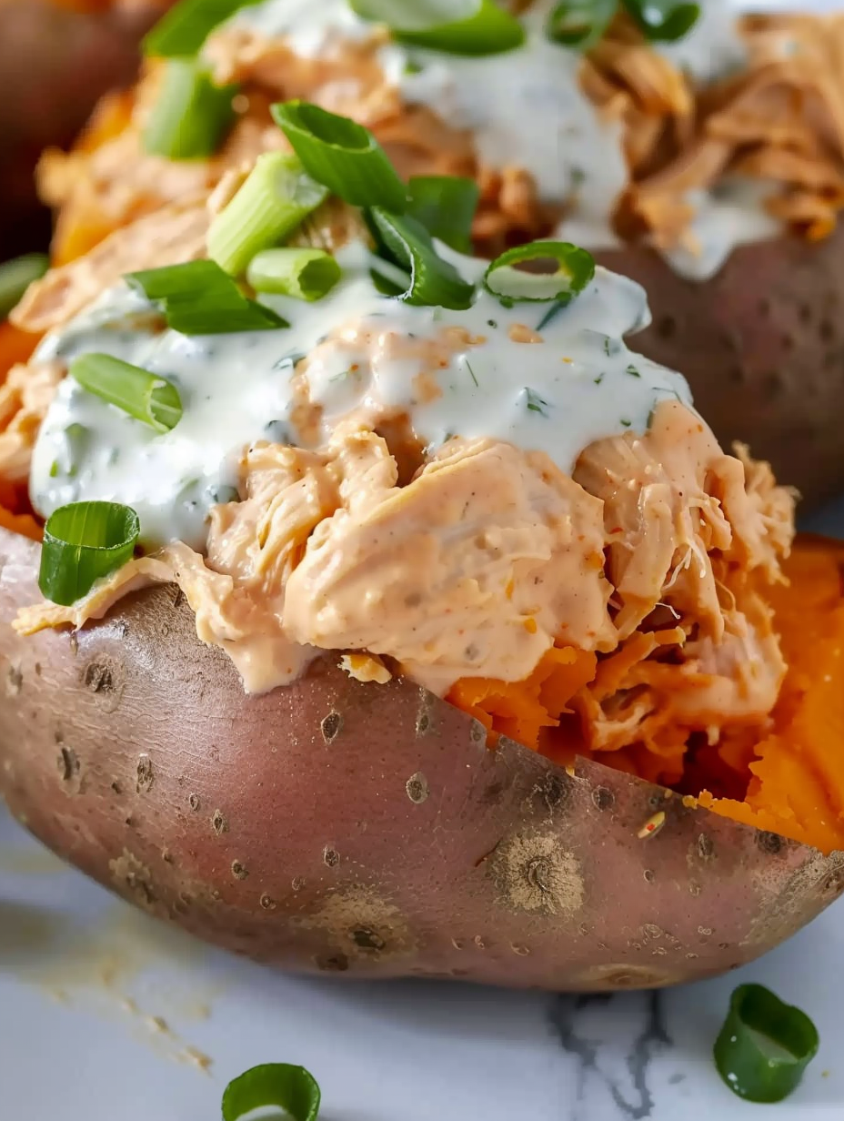 Stuffed sweet potatoes with buffalo chicken and ranch