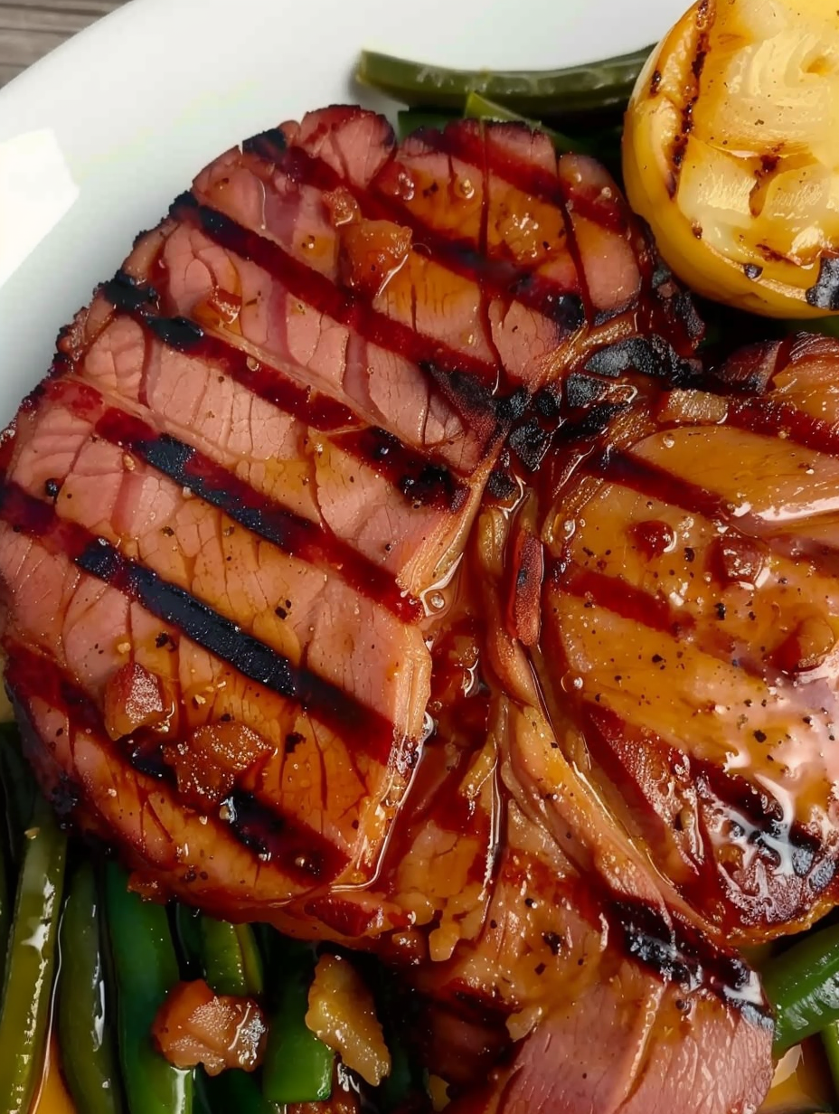 Glazed grilled ham steak on a plate