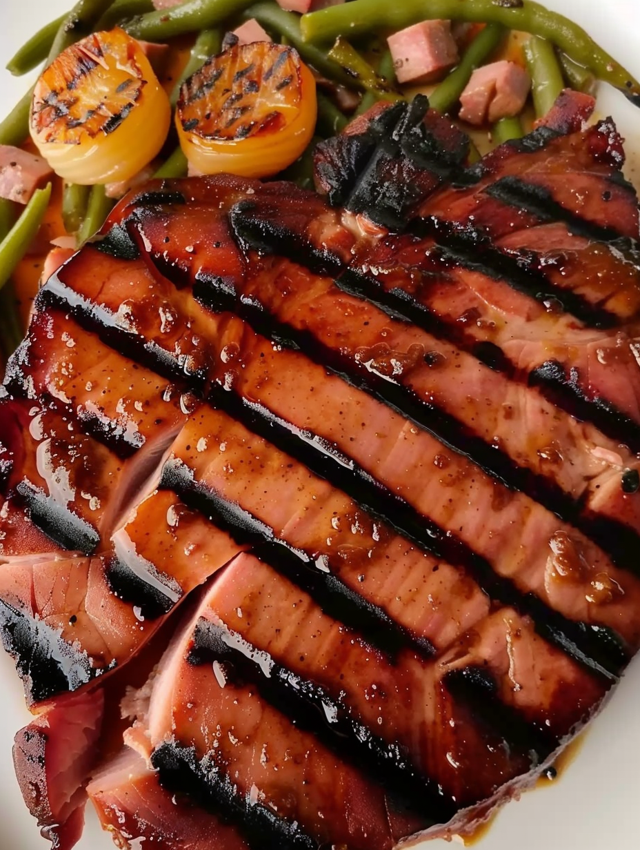Close-up of glazed ham steak on the grill