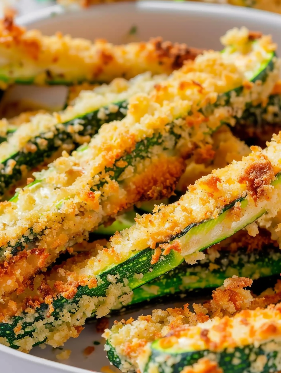 Close-up of golden zucchini fries with dip