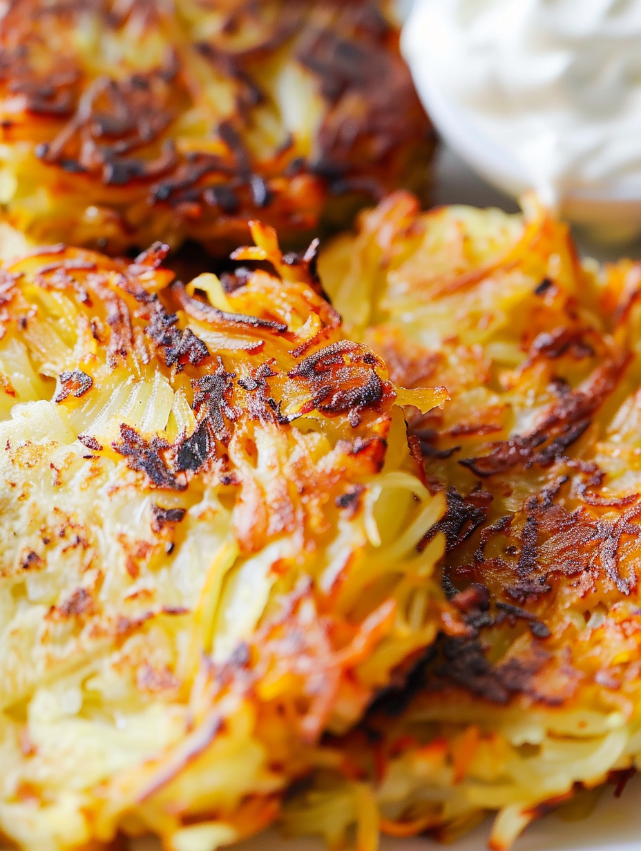 Golden spaghetti squash patties frying in a non-stick skillet