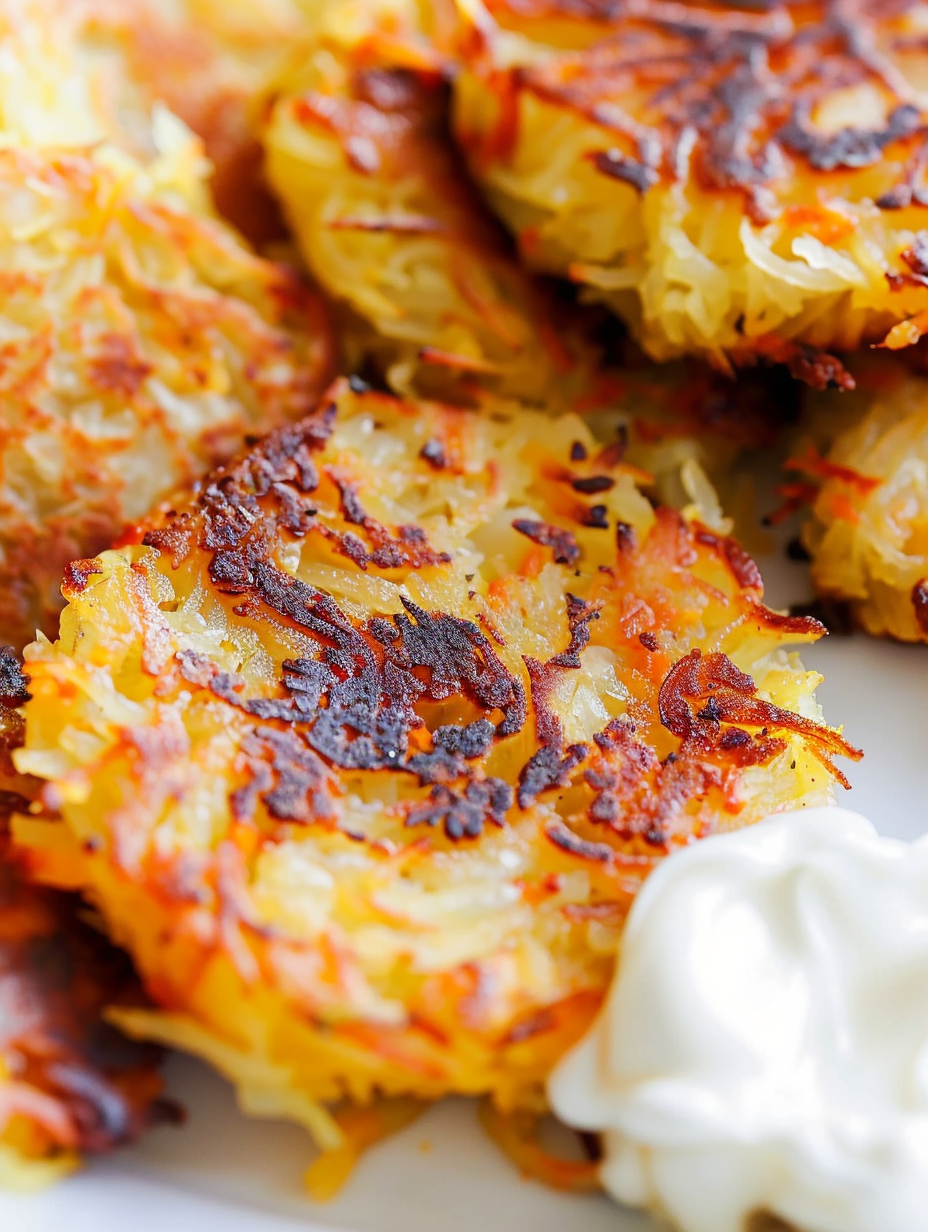 Crispy spaghetti squash rounds stacked and served with herbs
