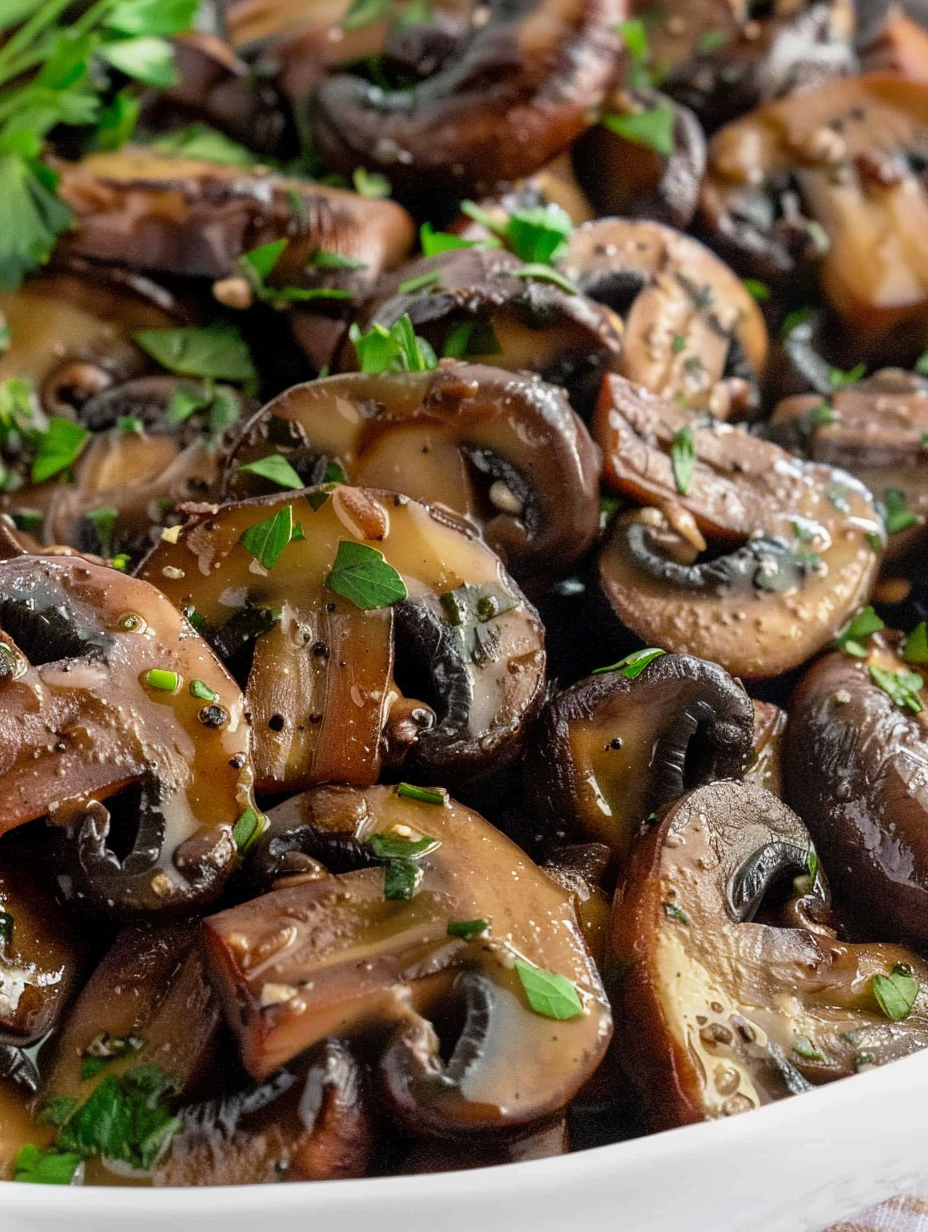 Sautéed mushrooms in a skillet with parsley