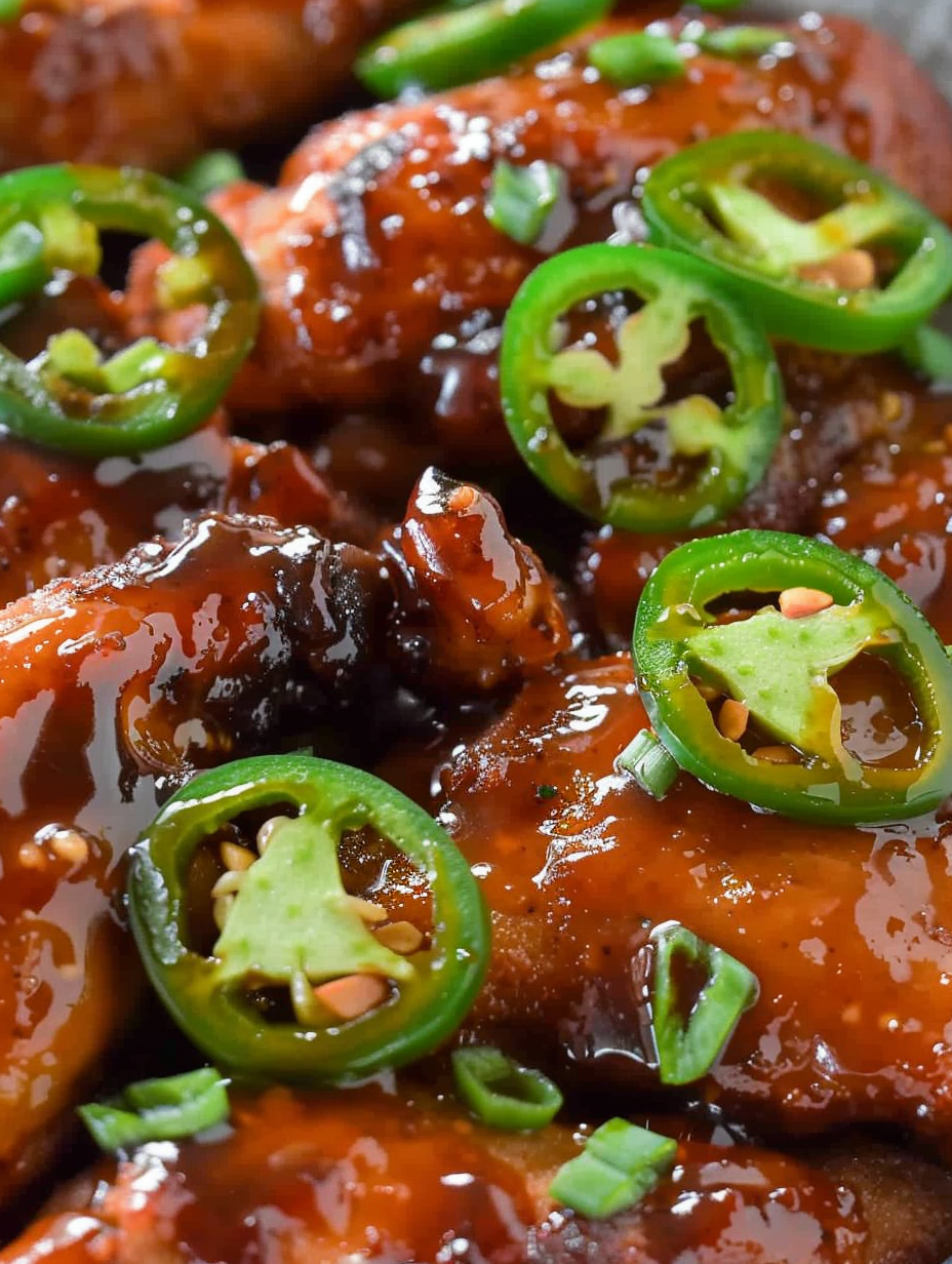 Close-up of jalape1o slices on glazed chicken