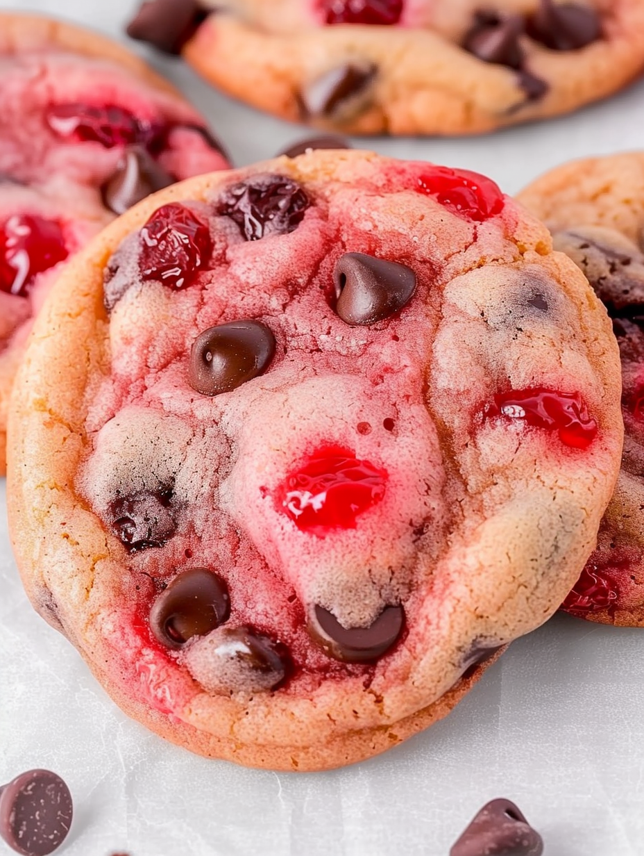 Cherry chocolate chip cookies on parchment